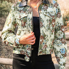 Khaki Floral Print Zip Up Contrast Collared Jacket - Thumbnail