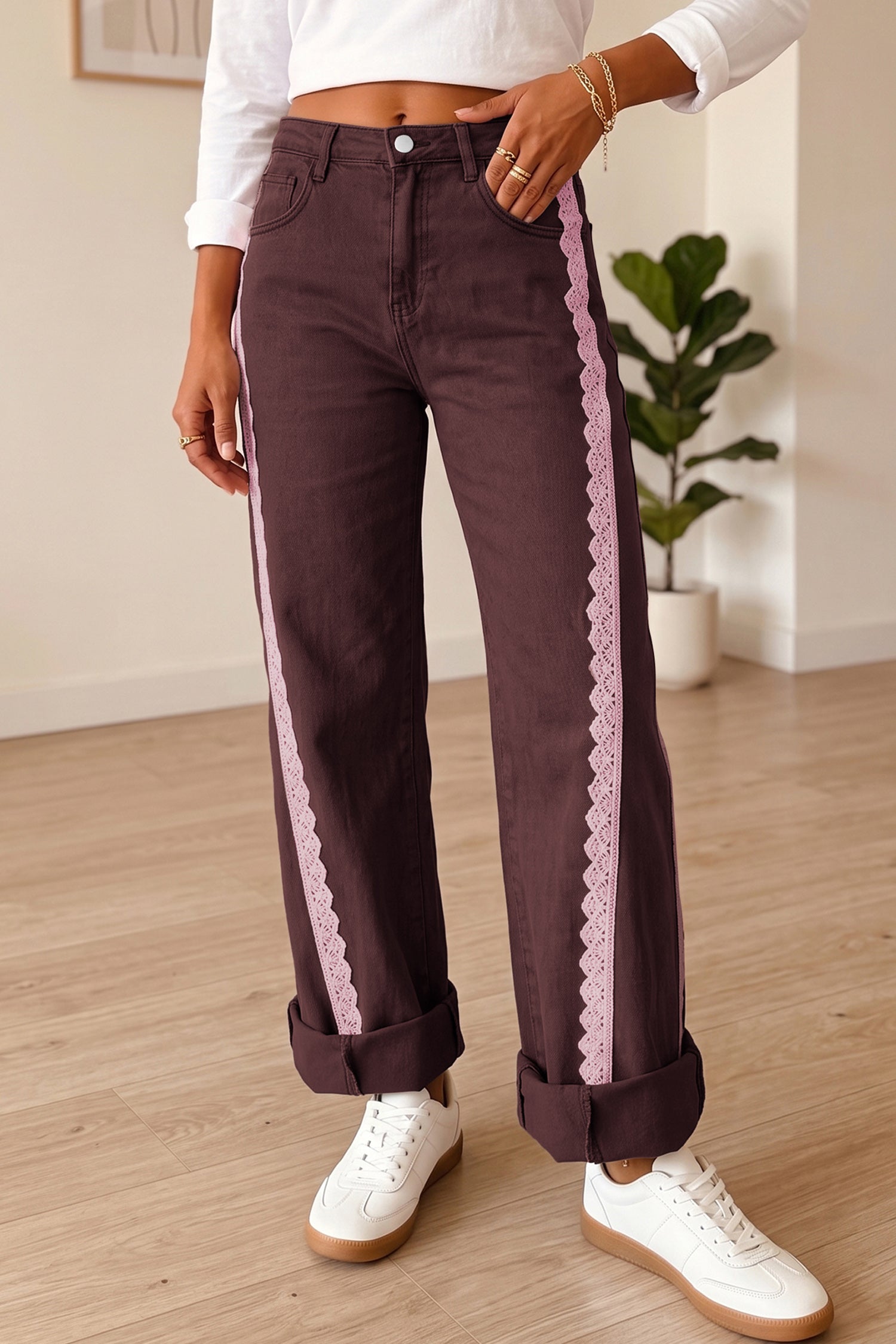 Beau Blue Lace Trim Casual Full-Length Regular Fit Jeans - Damesmode Afbeelding 6