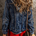 Veste en jean en denim bleu foncé à capuche à capuche zippée - Foto 2