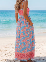 Himmelblaues Bohemien-Ethnie-Print-Spaghettiträger-Maxi-Kleid mit Spaghetti-Trägern - Miniatuur