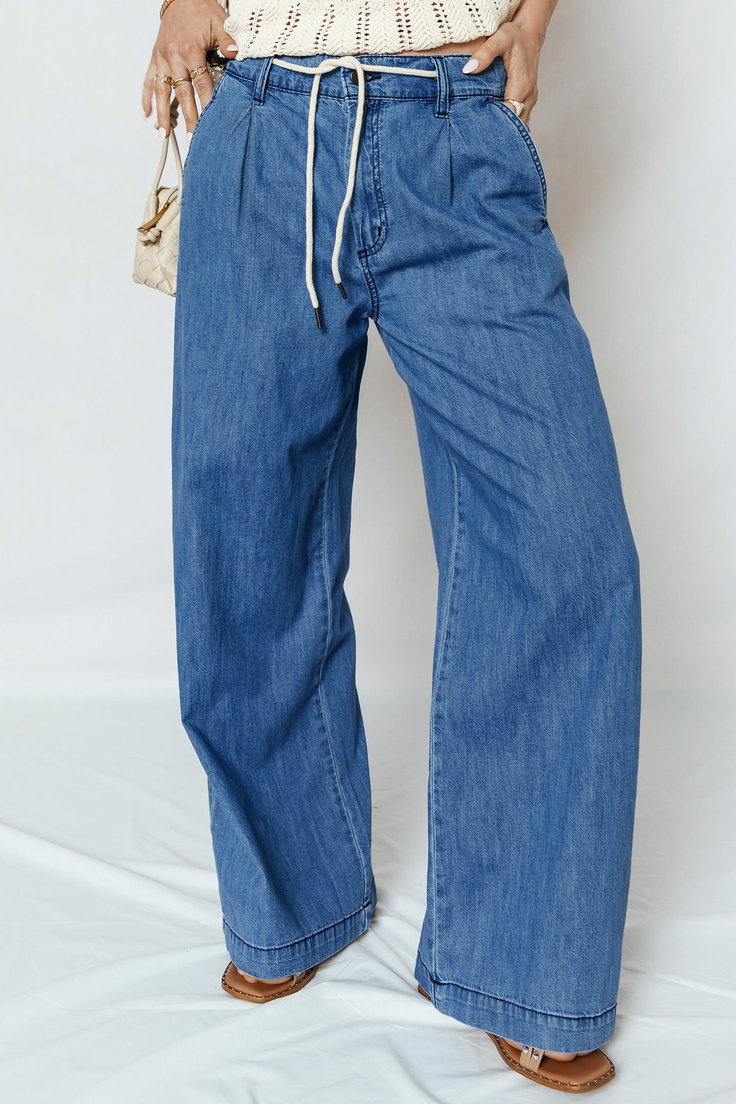 Dämmerblaue Schnürung Pull-on Wide Legs Jeans