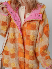 Orange karierte Sherpa-Kapuzenjacke - Miniatuur