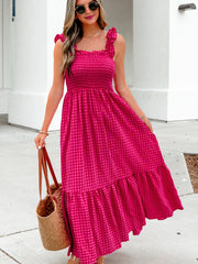 Rotes kariertes, quadratisches Urlaubs-Sommerkleid mit ausgestelltem Ausschnitt - Miniatuur