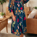 Blue Floral Print Gathered Neckline 7/8 Sleeve Casual Midi Dress - Damesmode Afbeelding 1 - Foto 1
