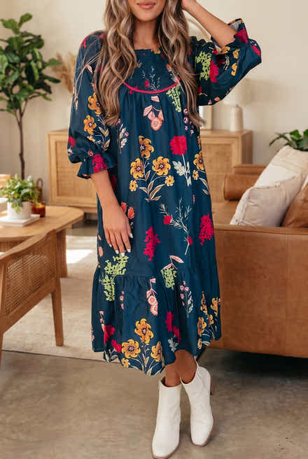 Blue Floral Print Gathered Neckline 7/8 Sleeve Casual Midi Dress - Damesmode Afbeelding 1