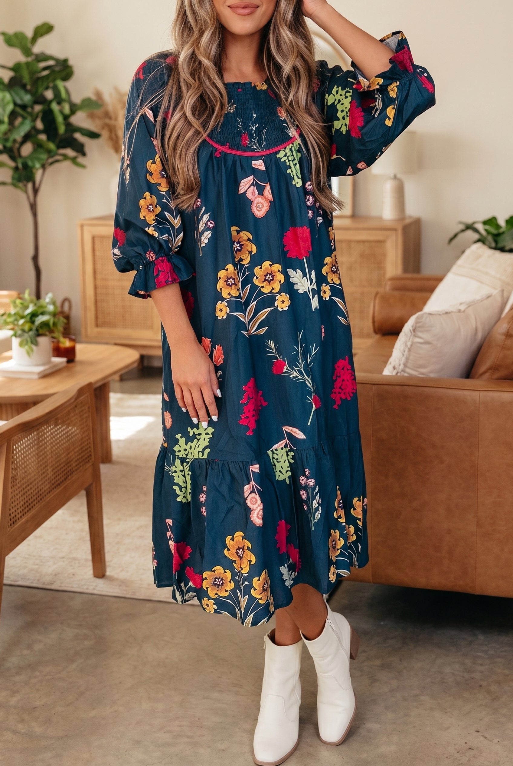 Blue Floral Print Gathered Neckline 7/8 Sleeve Casual Midi Dress - Damesmode Afbeelding 1