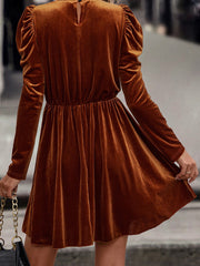 Chestnut Velvet Frilled Neck Gigot Sleeve Swing Dress - Miniatuur