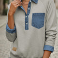 Sleet Denim Collar Patchwork Long Sleeve Pullover Top - Foto 2