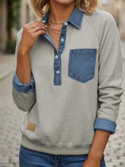 Schneeregen Denim-Kragen-Patchwork-Langarmpullover Top - Miniatuur