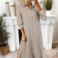 Brown Stripe Textured 3/4 Sleeve Round Hem Split Midi Shirt Dress - Foto 3