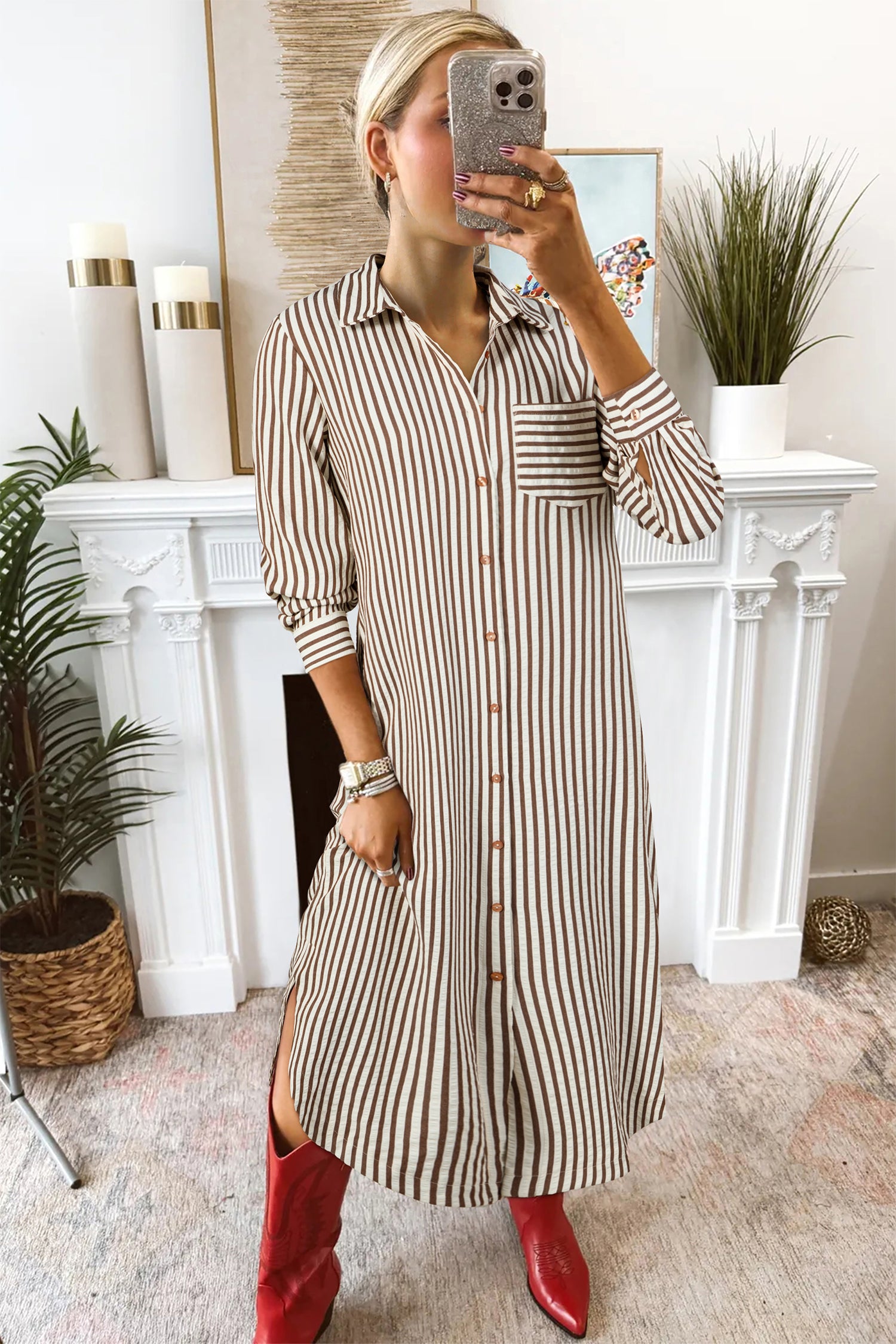 Braun-Streifen-strukturiertes 3/4-Ärmel-Rundsaum-Split-Midi-Hemdkleid