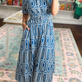 Blue Geometric Print Short Sleeve Drawstring Shirt Collar Dress - Damesmode Afbeelding 2 - Foto 2