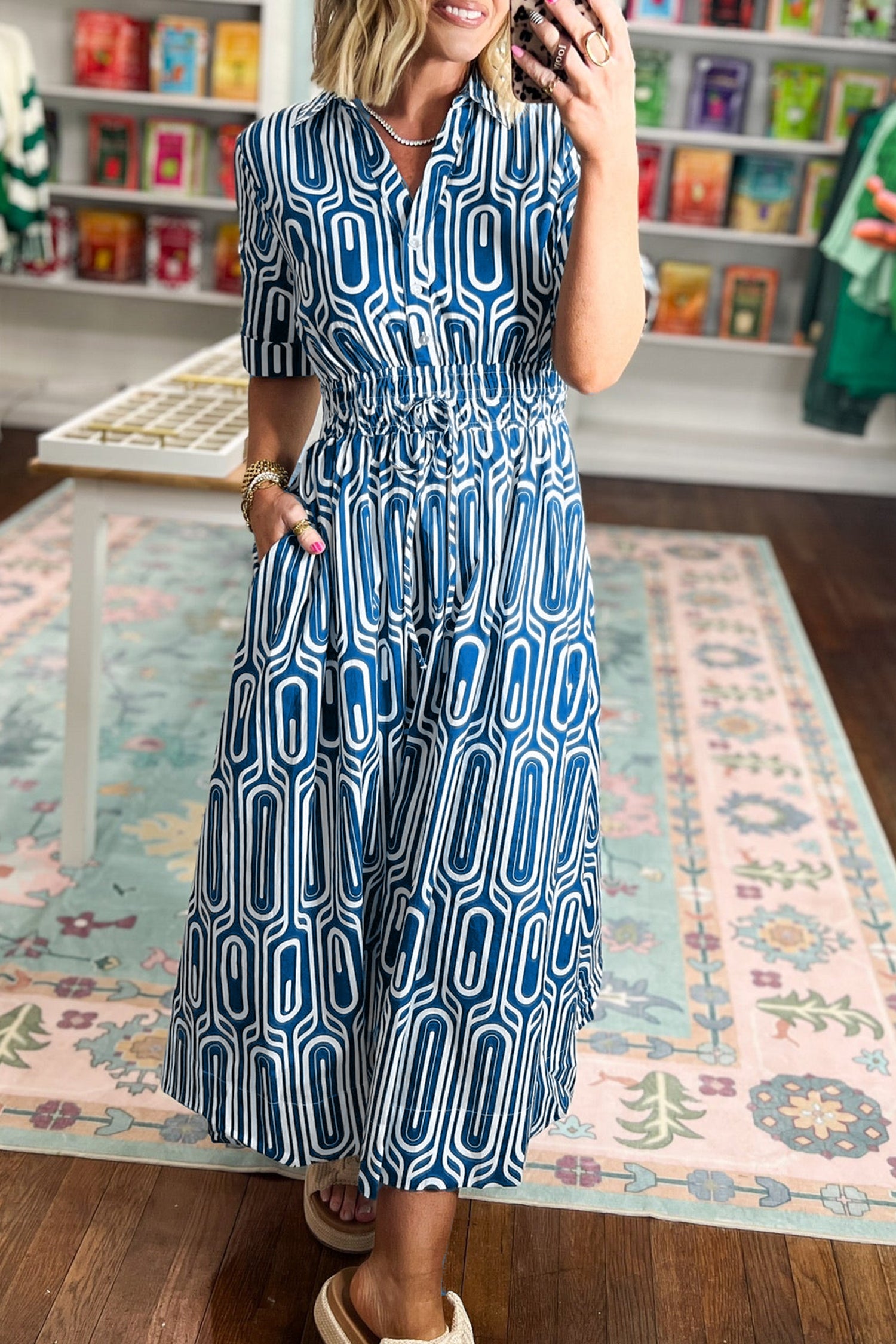Blue Geometric Print Short Sleeve Drawstring Shirt Collar Dress - Damesmode Afbeelding 2