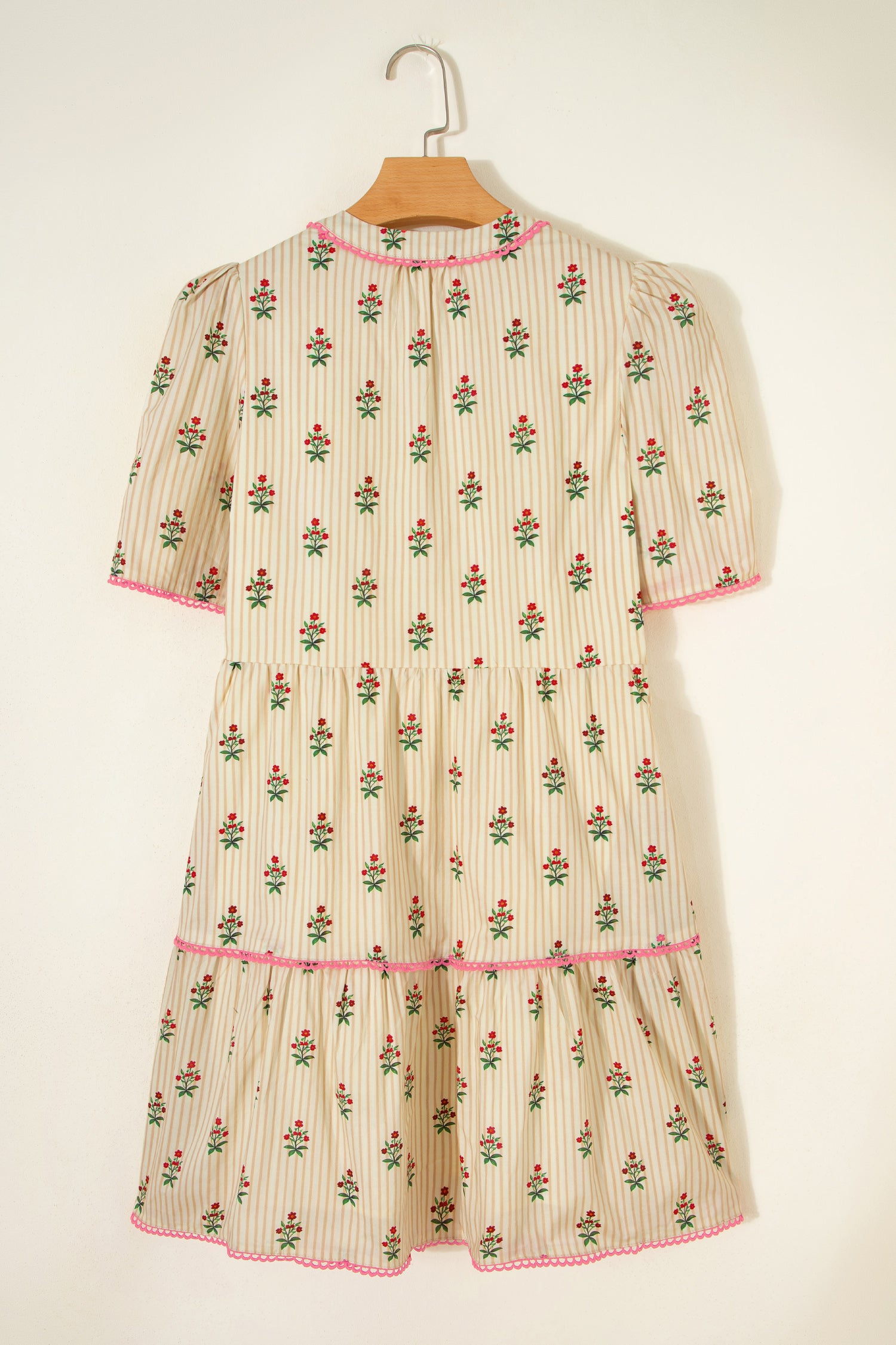 Apricot Striped Floral Print Contrast Detail Ruffle Hem Short Dress - Damesmode Afbeelding 4