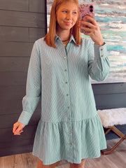 Green Stripe Striped Shift Long Sleeve Dress - Miniatuur