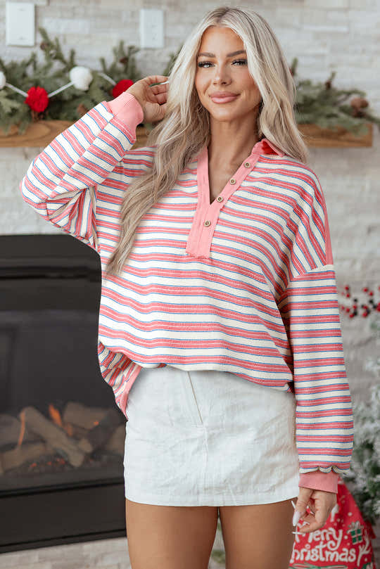 Rosa gestreifter V-Ausschnitt mit Kragen und Drop-Shoulder-Oberteil