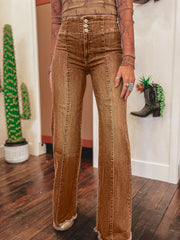 Kaffee-High-Waist-Button-Jeans mit Griff und Naht mit Rohsaum-Flare-Decke - Miniatuur