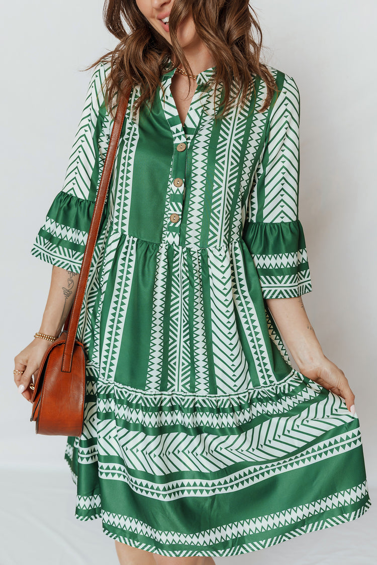 Gréng Boho Ethnesch Print Hallefknäppchen 3/4 Ärmel Casual Kleed - Damesmode