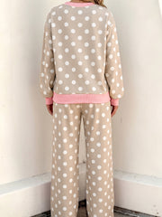 Khaki Polka Dot Contrast Trim Long Sleeve Top Drawstring Shift Pants Set - Miniatuur