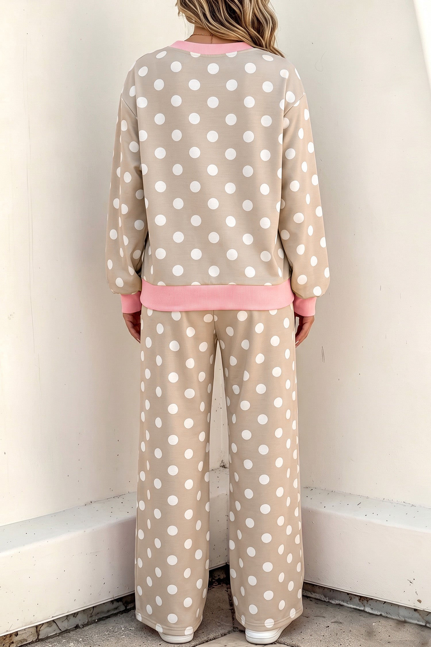 Khaki Polka Dot Contrast Trim Langärmel-Oberteil, Kordelzug-Shift-Hose Set