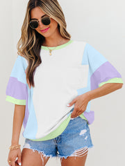 T-shirt oversize à demi-manches en patchwork à blocs de couleur violet - Miniatuur