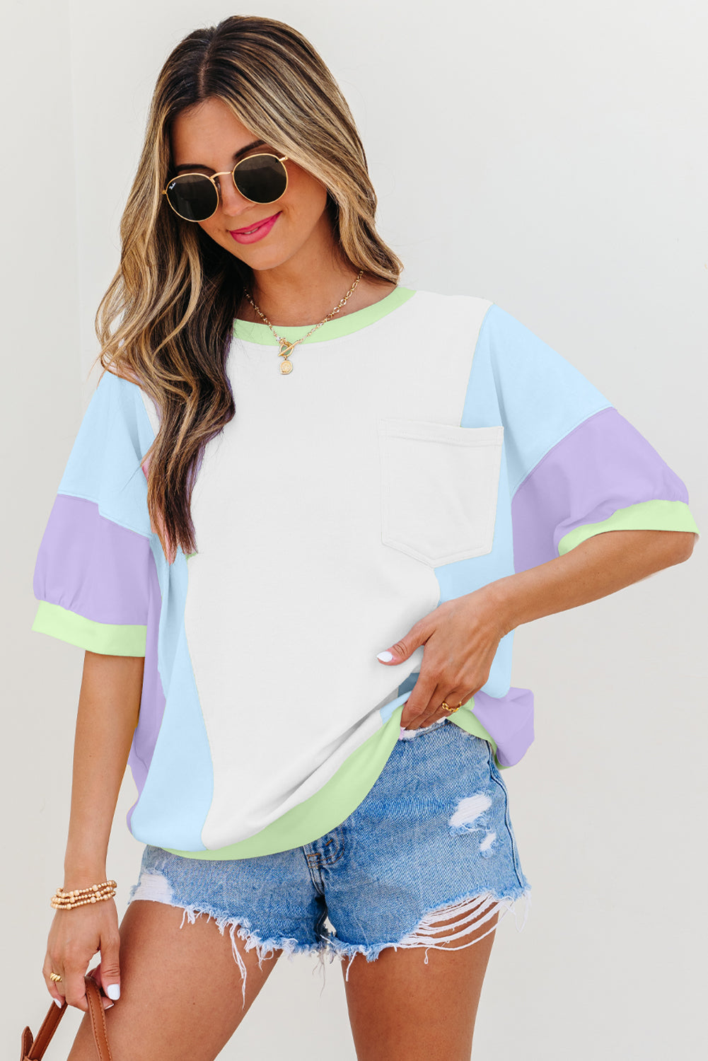 T-shirt oversize à demi-manches en patchwork à blocs de couleur violet