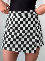 Black Checkered Print Overlap Denim Shorts - Damesmode Afbeelding 1 - Miniatuur