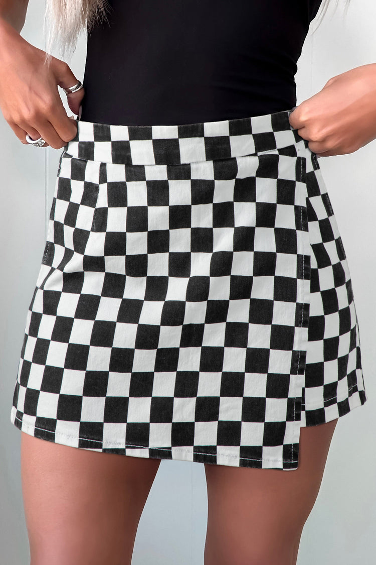 Black Checkered Print Overlap Denim Shorts - Damesmode Afbeelding 1 - Damesmode