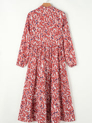 Orange Abstract Print V Neck Pleated High Waist Midi Dress - Miniatuur