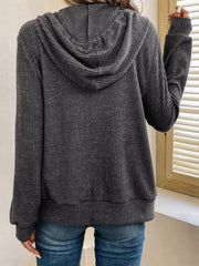 Red Dahlia Ribbed Zip Up Front Drawstring Hoodie - Miniatuur