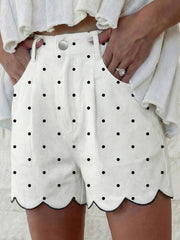 White Polka Dot Print Embroidered Scallop Hem Shorts - Miniatuur