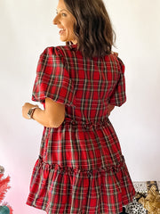Rotes Karo-Knoten-Kurzärmel-Mini-Shift-Kleid mit kariertem Knotenhals - Miniatuur