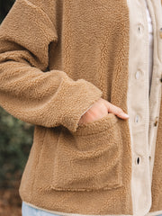 Light French Beige Puffy Plush Corduroy Edge Patchwork Jacket with Big Pockets - Miniatuur