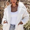 Beige Faux Fur Button Pocketed Lapel Collar Jacket - Damesmode Afbeelding 4 - Foto 4