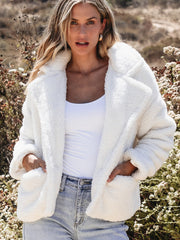 Beige Faux Fur Button Pocketed Lapel Collar Jacket - Damesmode Afbeelding 4 - Miniatuur