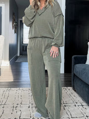 Vierblatt-Kleeblatt verdrehte Rippen, freiliegende Naht Detail V-Ausschnitt Pullover Plus-Size Hosenset - Miniatuur