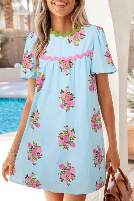 Himmelblaues, floralt bedrucktes Contrast Ricrac Detail Bubble Sleeve Kleid
