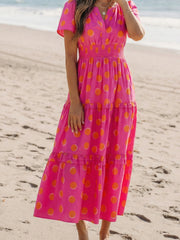 Rose Double Polka Dot Short Sleeve Shirred High Waist Midi Dress - Miniatuur
