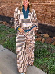 Pink Stripe Striped Colorblock V Neck Long Sleeve Plus Size Set - Miniatuur