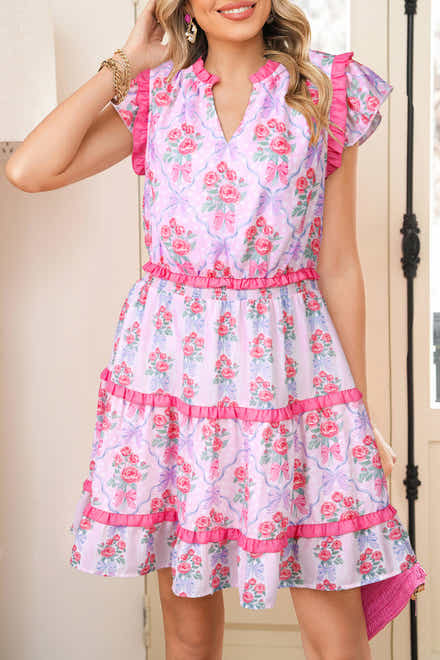 Purple Tiered Ruffles Sleeveless Summer Floral Dress