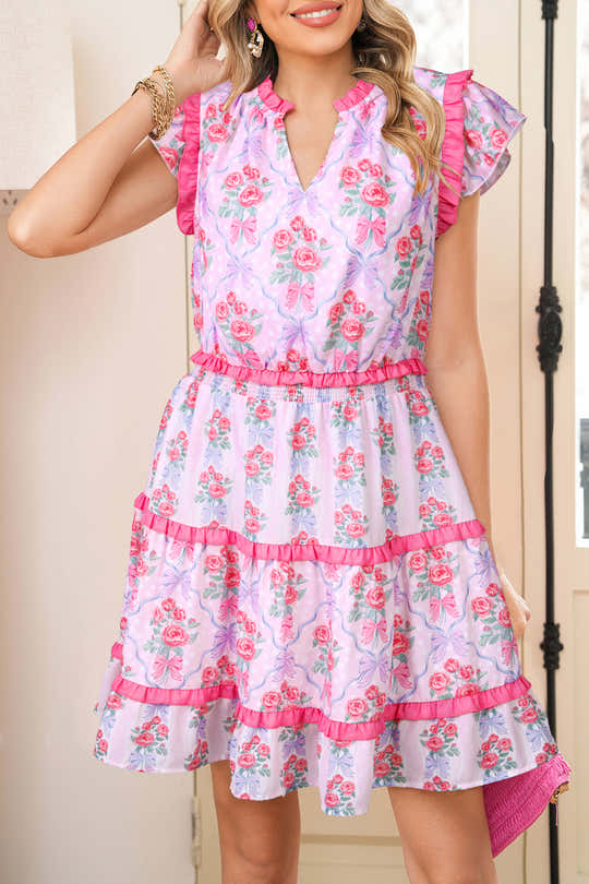Purple Tiered Ruffles Sleeveless Summer Floral Dress