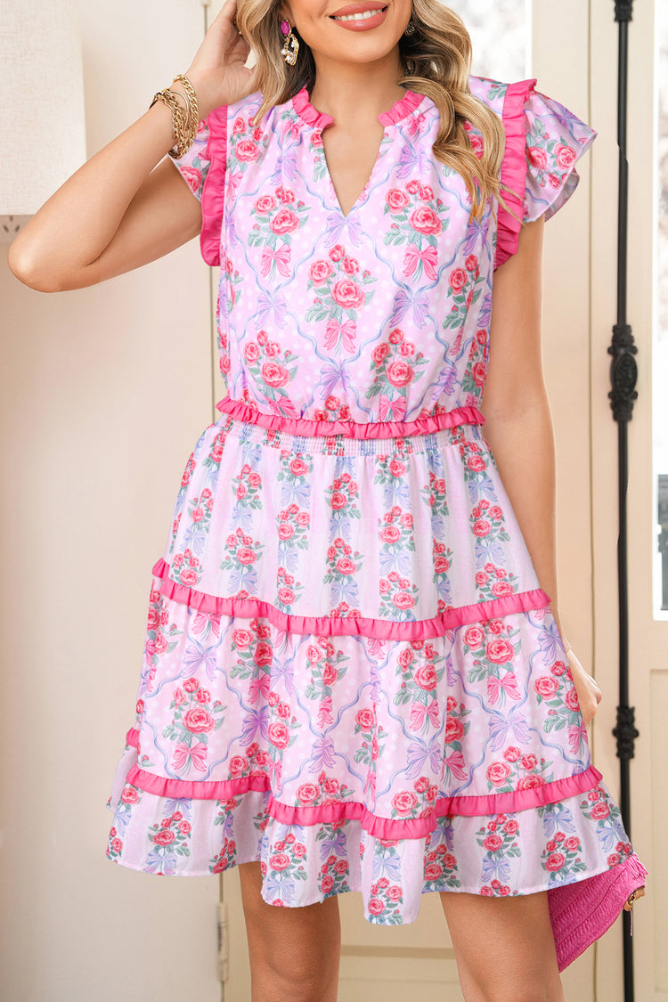 Lila gestufte Rüschen ärmelloses Sommer-Blumenkleid - Damesmode