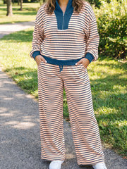 Pink Stripe Striped Colorblock V Neck Long Sleeve Plus Size Set - Miniatuur