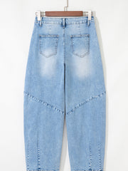 Beau Blue Flower Patched Light Wash Cropped High Waist Barrel Jeans - Damesmode Afbeelding 5 - Miniatuur