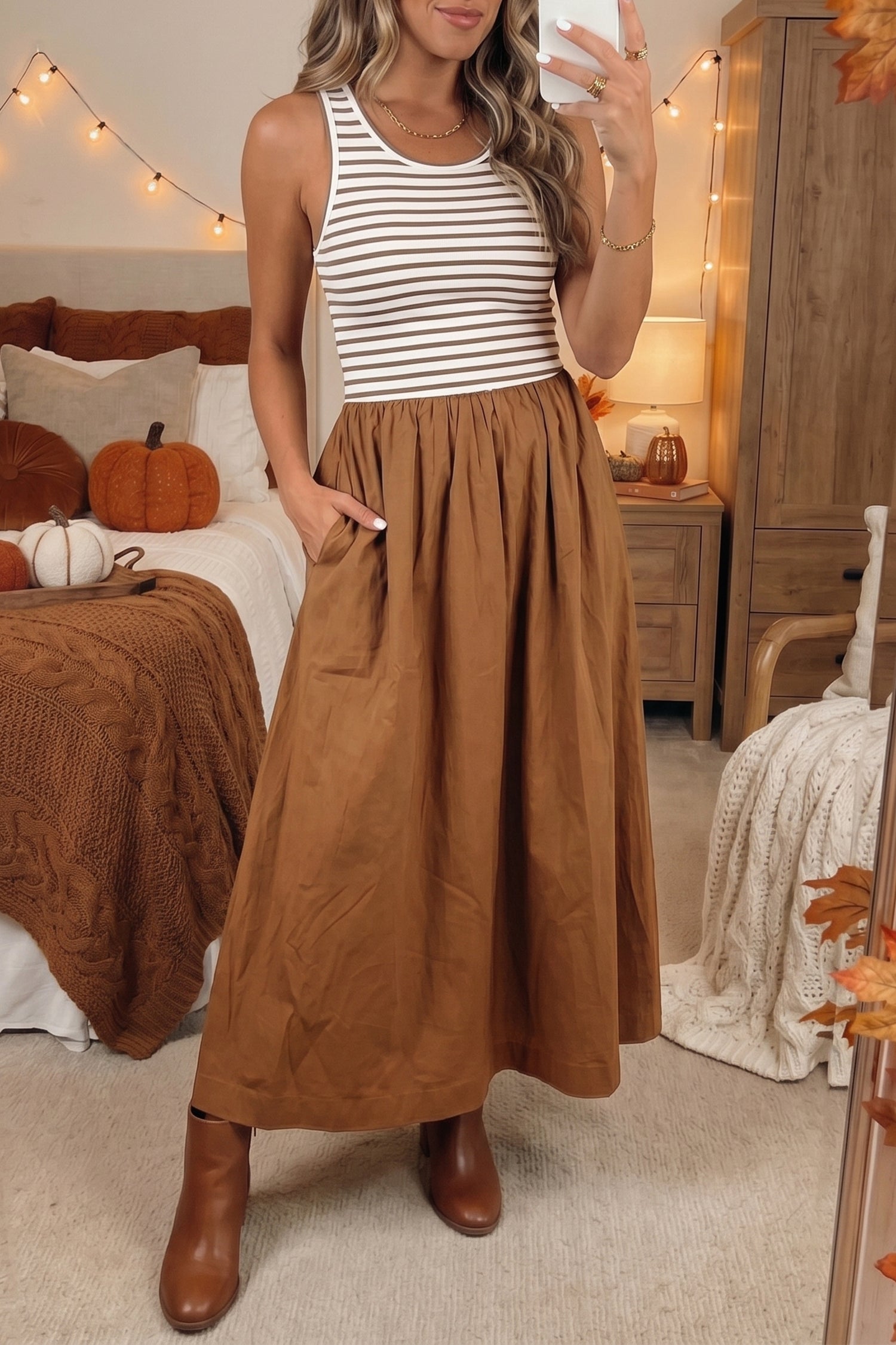 Kastaniengestreifter Farbblock-Patchwork-Ärmelloser, lässiger langes Kleid
