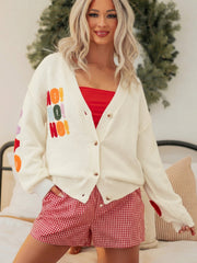 White Ho Ho Ho Slogan V Neck Button Front Embroidered Knit Cardigan - Miniatuur