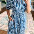 Blue Geometric Print Short Sleeve Drawstring Shirt Collar Dress - Damesmode Afbeelding 6 - Foto 6