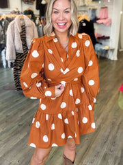 Brown Polka Dot Long Sleeve Tie Waist Casual Shift Mini Dress - Miniatuur