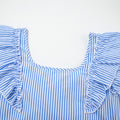 Sky Blue Stripe Square Neck Bow Decor Frilly Ruffled Short Sleeve Blouse - Foto 6
