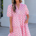 Pink Polka Dot Print V Neck Short Sleeve Tiered Mini Dress - Foto 1
